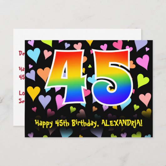 Carte Postale 45e Anniversaire : motif coeurs amusants, arc-en-c (Devant / Derrière)