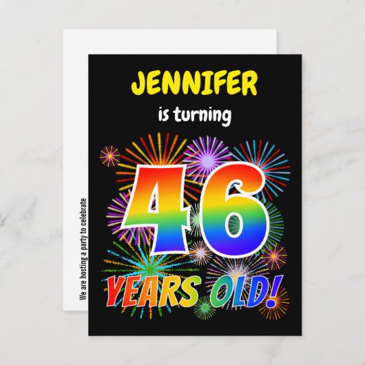 Carte Postale 46e anniversaire - Fun Fireworks, Rainbow Look "46 (Devant / Derrière)