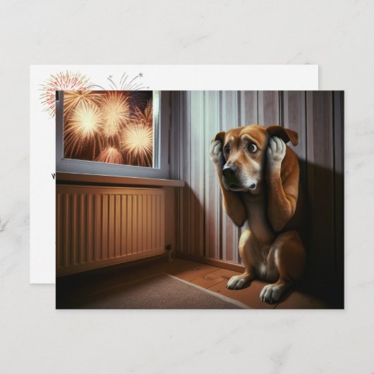 Carte Postale 4 juillet Chien et feux d'artifice (Devant / Derrière)