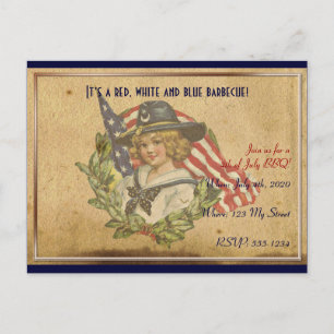 Carte Postale 4 juillet fille Vintage avec drapeaux