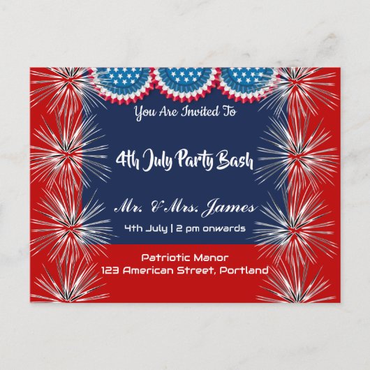 Carte Postale 4 Juillet Patriotic Firecracker Party Bash Invitat (Devant)