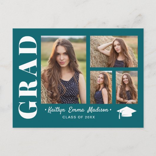 Carte Postale 4 Photo Collage Script moderne Turquoise Grad Cart (Devant)