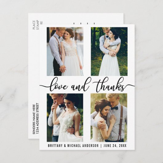 Carte Postale 4 Photo Modern Mariage Love and Thanks Script (Devant / Derrière)