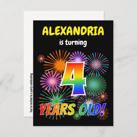 Carte Postale 4e anniversaire - Fun Fireworks amusants, Rainbow  (Devant / Derrière)