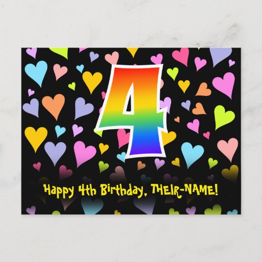 Carte Postale 4e anniversaire : motif coeurs amusants, arc-en-ci (Devant)