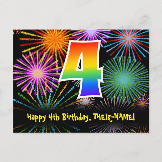 Carte Postale 4e anniversaire – Motif de feux d'artifice amusant (Devant)