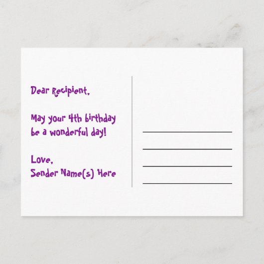 Carte Postale 4e anniversaire : Rayures roses et cœurs, arc-en-c (Dos)