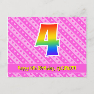 Carte Postale 4ème anniversaire : Pink Stripes & Hearts, Rainbow