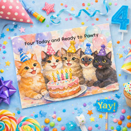 Carte Postale 4th Birthday Card for Girls Fun Cat Party 