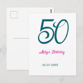 Carte Postale 50e anniversaire ajouter nom année turquoise rose (Devant / Derrière)