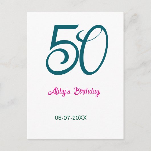 Carte Postale 50e anniversaire ajouter nom année turquoise rose (Devant)
