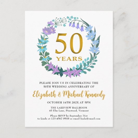 Carte Postale 50e anniversaire du Mariage Invitation florale d'o (Devant)