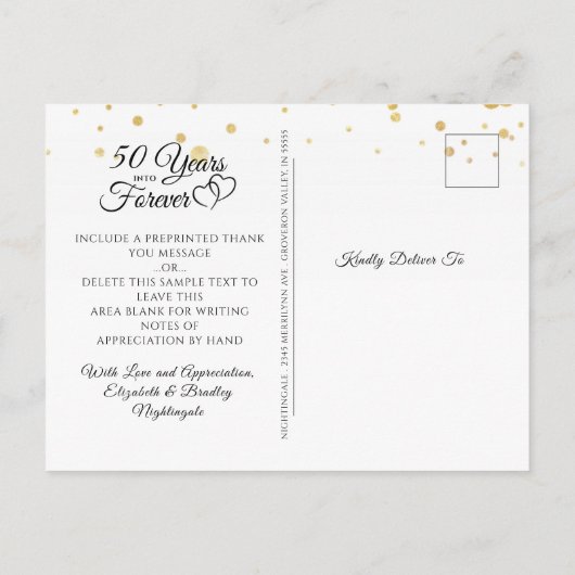 Carte Postale 50e Anniversaire Monogramme Coeurs d'or Merci (Dos)