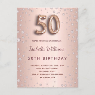Carte Postale 50e anniversaire rose or diamants glam