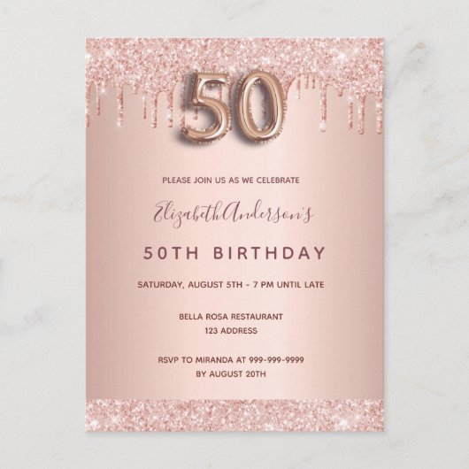 Carte Postale 50e anniversaire rose or parties scintillant rose  (Devant)