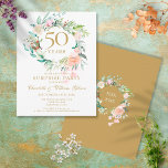 Carte Postale 50e anniversaire Surprise Party Roses Garland<br><div class="desc">Doté d'une délicate guirlande de verdure fleurie d'aquarelle,  cette soirée botanique surprise chic 50e anniversaire de mariage peut être personnalisée avec vos informations spéciales d'anniversaire d'or. Au verso,  une guirlande fleurie assortie encadre les dates d'anniversaire en texte blanc élégant sur un arrière - plan doré. Conçu par Thisisnotme©</div>