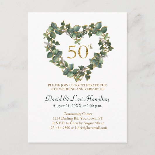 Carte Postale 50e Mariage Aquarelle Ivy Heart Wreath (Devant)