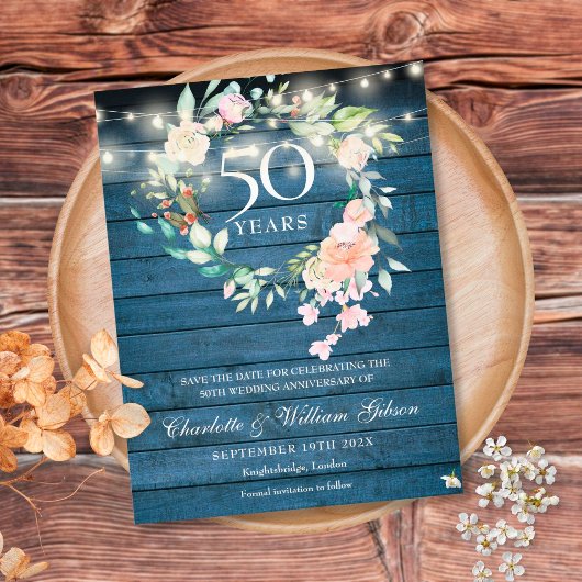 Carte Postale 50th Anniversary Blue Rustic Floral Save the Date