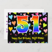Carte Postale 51e anniversaire : Fun Hearts Motif, Arc-en-ciel 5 (Devant / Derrière)