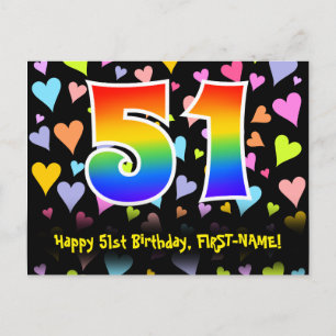 Carte Postale 51e anniversaire : motif de cœurs amusants, arc-en