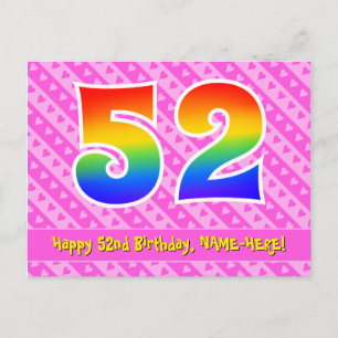 Carte Postale 52e anniversaire : rayures roses et cœurs, arc-en-