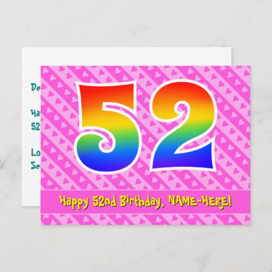 Carte Postale 52e anniversaire : Rayures roses et cœurs, Arc-en- (Devant / Derrière)