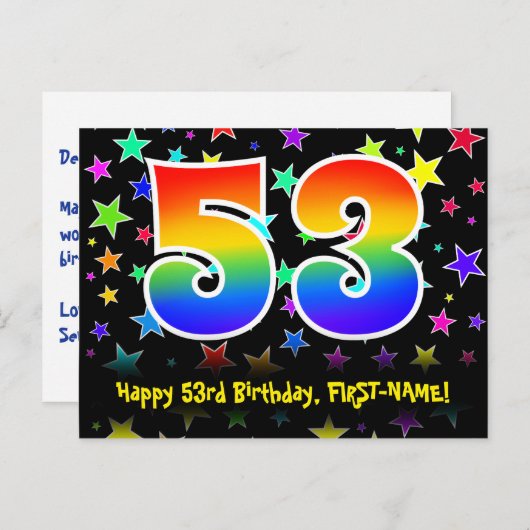 Carte Postale 53e Anniversaire : motif d'étoiles amusantes, arc- (Devant / Derrière)