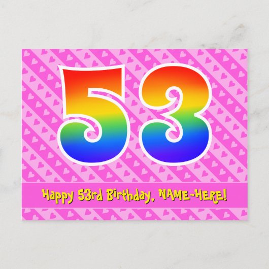 Carte Postale 53e anniversaire : Pink Stripes & Hearts, Arc en c (Devant)