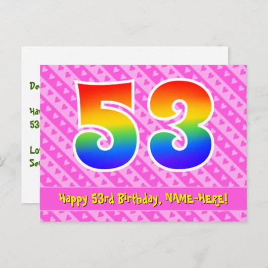 Carte Postale 53e anniversaire : Rayures roses et cœurs, Arc-en- (Devant / Derrière)