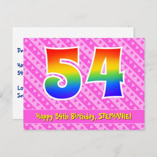 Carte Postale 54e Anniversaire : Rayures roses & Cœurs, Arc-en-c (Devant / Derrière)