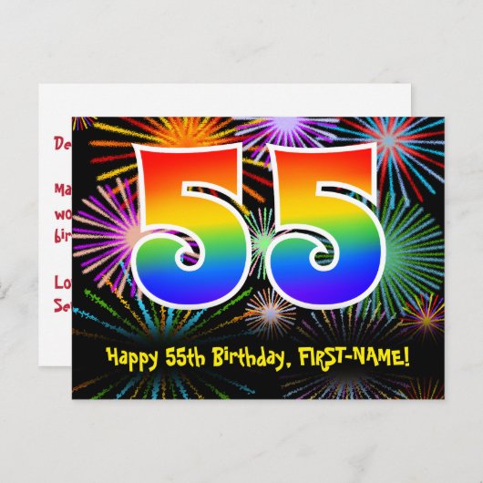 Carte Postale 55e Anniversaire – Motif de feux d'artifice amusan (Devant / Derrière)