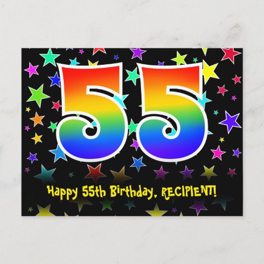 Carte Postale 55e Anniversaire : motif d'étoiles amusantes, arc- (Devant)