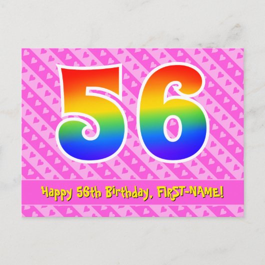 Carte Postale 56e anniversaire : Rayures roses & Cœurs, Arc-en-c (Devant)