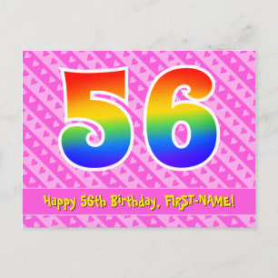 Carte Postale 56e anniversaire : rayures roses et cœurs, arc-en-