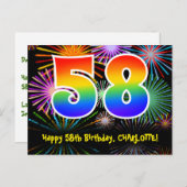 Carte Postale 58e anniversaire - Fun Fireworks Motif + Rainbow 5 (Devant / Derrière)