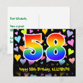 Carte Postale 58e anniversaire : motif de cœurs amusants, arc-en (Devant / Derrière)