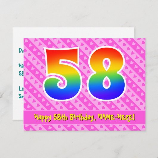 Carte Postale 58e anniversaire : Pink Stripes & Hearts, Arc-en-c (Devant / Derrière)