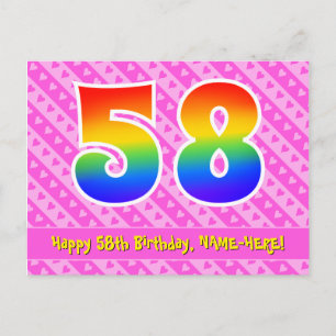 Carte Postale 58e Anniversaire : Rayures roses & Cœurs, Arc-en-c