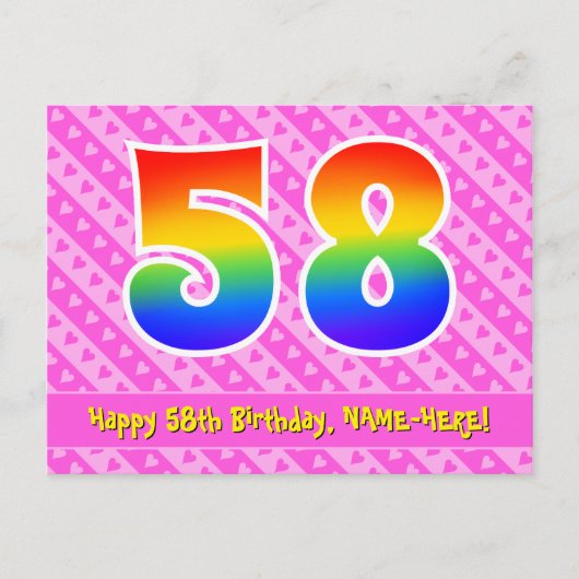 Carte Postale 58e Anniversaire : Rayures roses & Cœurs, Arc-en-c (Devant)