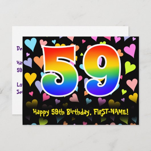 Carte Postale 59e anniversaire : Fun Hearts Motif, Rainbow 59 (Devant / Derrière)