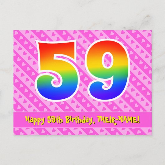 Carte Postale 59e anniversaire : rayures roses et cœurs, arc-en- (Devant)