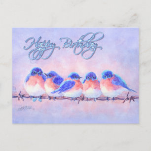 Carte Postale 5 BLUEBIRS sur fil & TEXTE par SHARON SHARPE