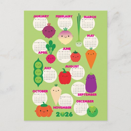 Carte Postale 5 Par Jour Kawaii Légumes 2026 Calendrier (Devant)