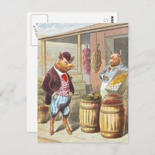 Carte Postale 5 petits cochons : Au marché (Devant / Derrière)