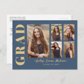 Carte Postale 5 Photo Grad Collage Script moderne Bleu et or (Devant / Derrière)