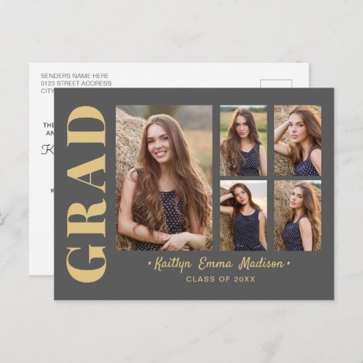 Carte Postale 5 Photo Grad Collage Script moderne Gris et or (Devant / Derrière)