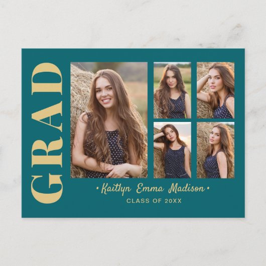 Carte Postale 5 Photo Grad Collage Script moderne Turquoise et o (Devant)