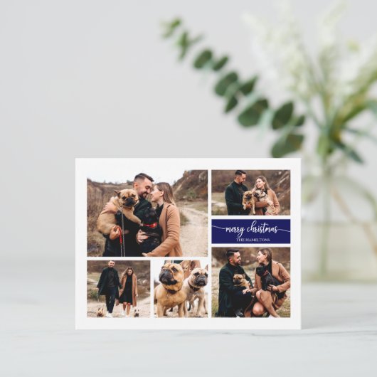 Carte Postale 5 Photos Collage Chic Script Joyeux Noël Bleu (Debout devant)