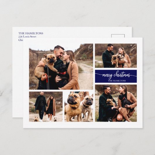 Carte Postale 5 Photos Collage Chic Script Joyeux Noël Bleu (Devant / Derrière)