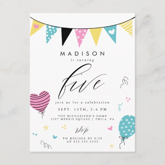 Carte Postale 5E ANNIVERSAIRE | Jolie fête d'anniversaire Doodle (Devant)